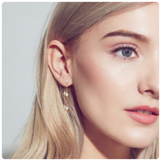 Bezel Double Sided Chain Dangle Earrings