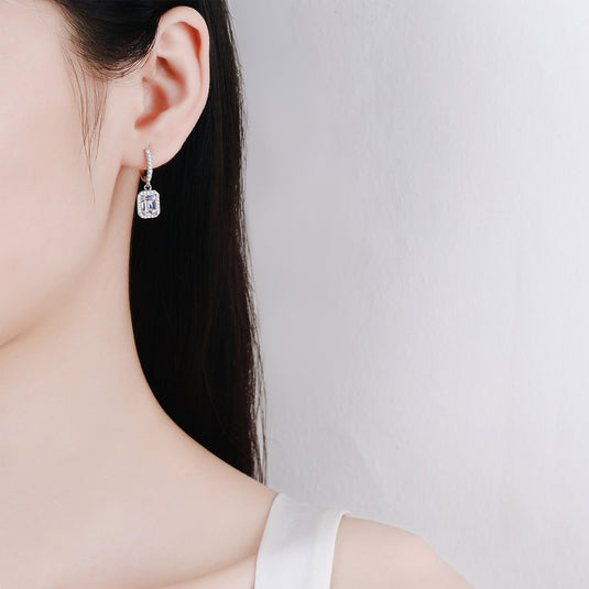 Emerald Cut Halo Dangle Earrings